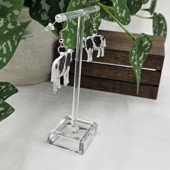 Black white moo cow acrylic dangle earrings Cute Chic Dairy Cattle Animal Drop H - Picture 3 of 8